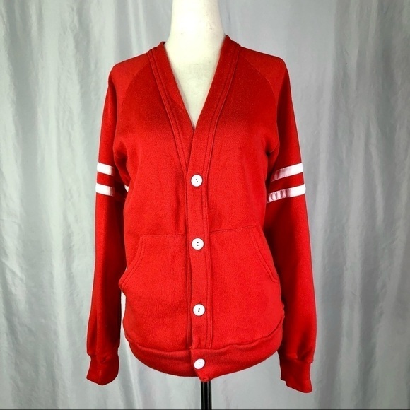 Vintage Gearing Up single stitch varsity cardigan sweatshirt red white S - Picture 2 of 9